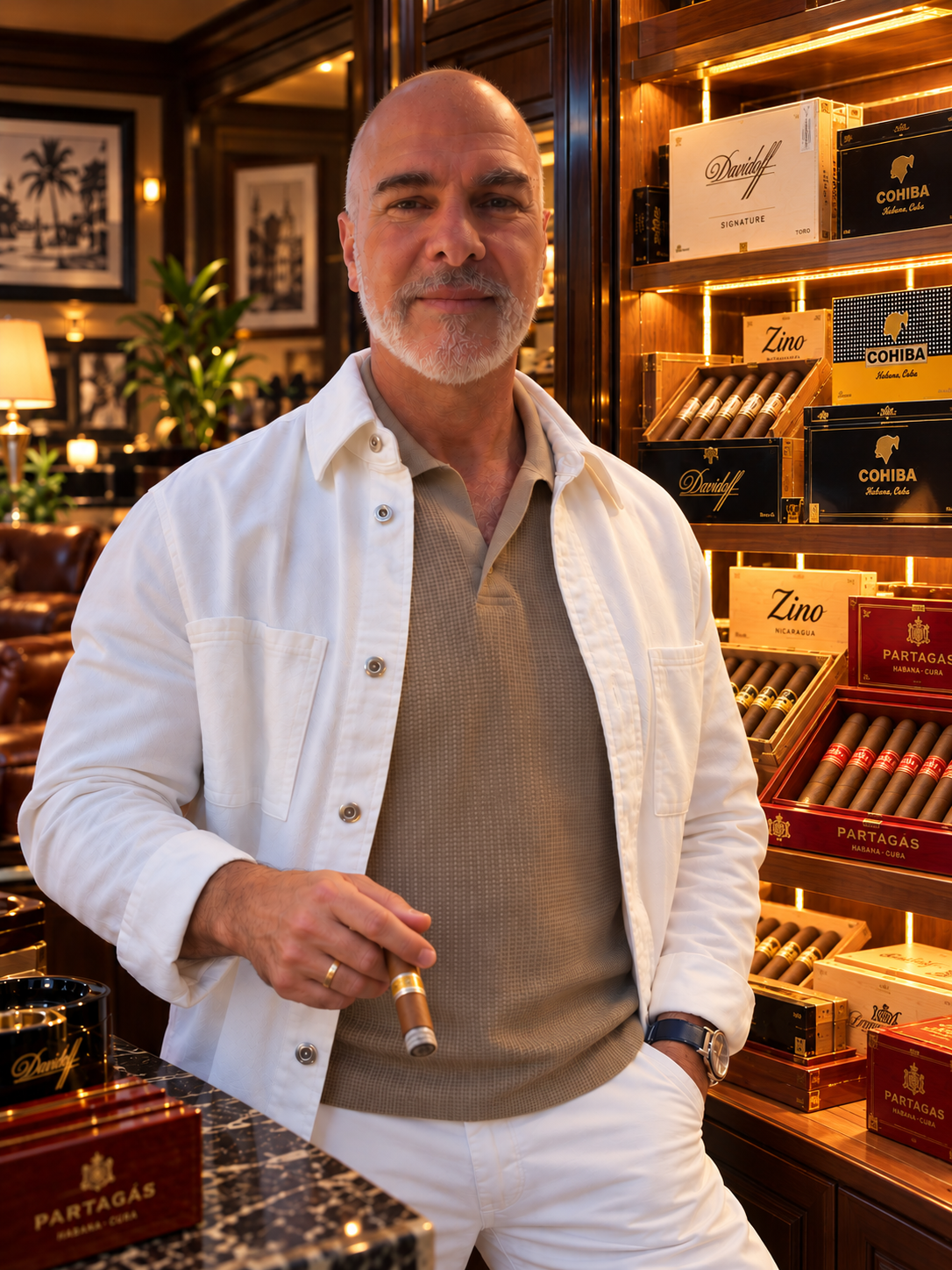 Gus Manessis, founder of Cigar Valet Florida, standing beside a premium cigar humidor.