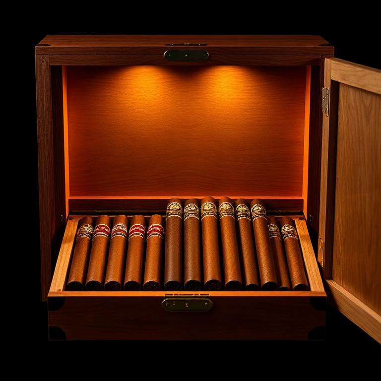 Premium cigars resting inside a wooden humidor