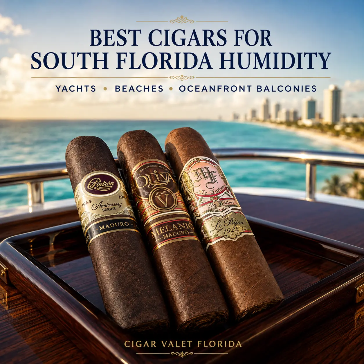Three premium Maduro cigars displayed on a yacht overlooking the South Florida coastline